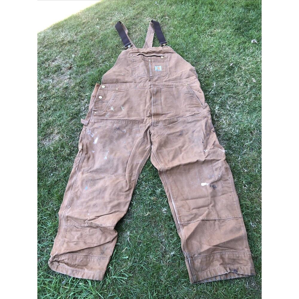 Carhartt Double Knee Overalls Duck Bib 102776-211 44x30 USA Distressed Dungarees